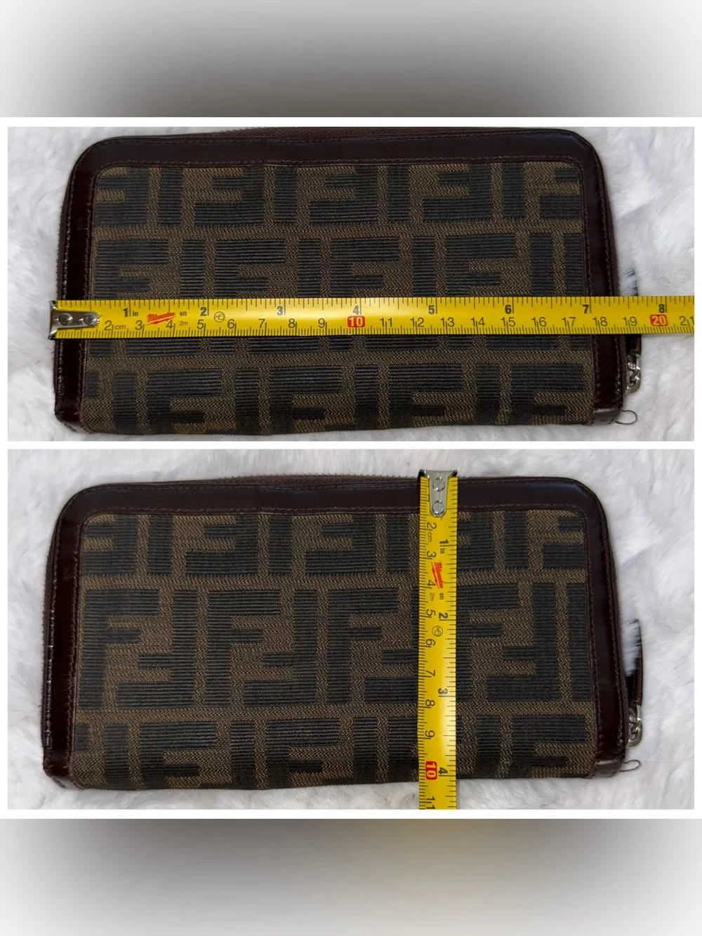 Fendi Monogram Canvas and Leather Zip Wallet in Dark Brown with Silver Hardware